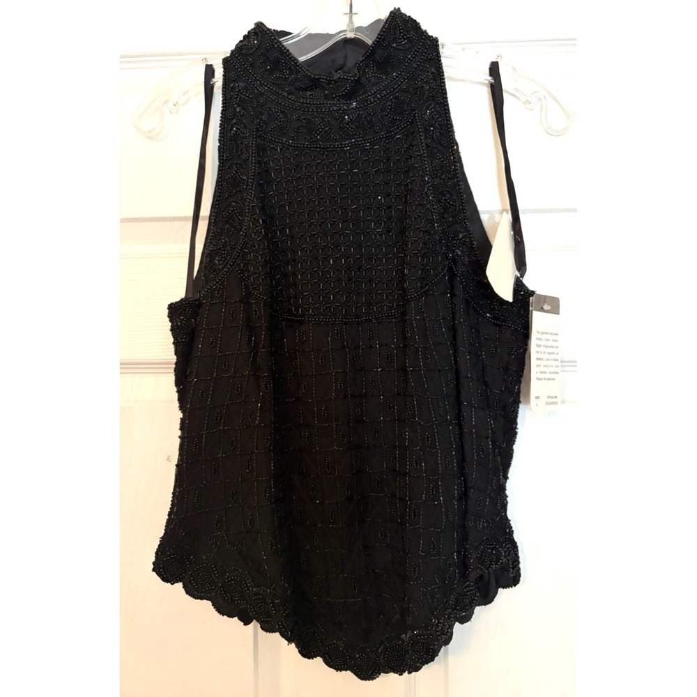New Papell Boutique Evening Top Women Large Formal Black Beaded Silk Halter